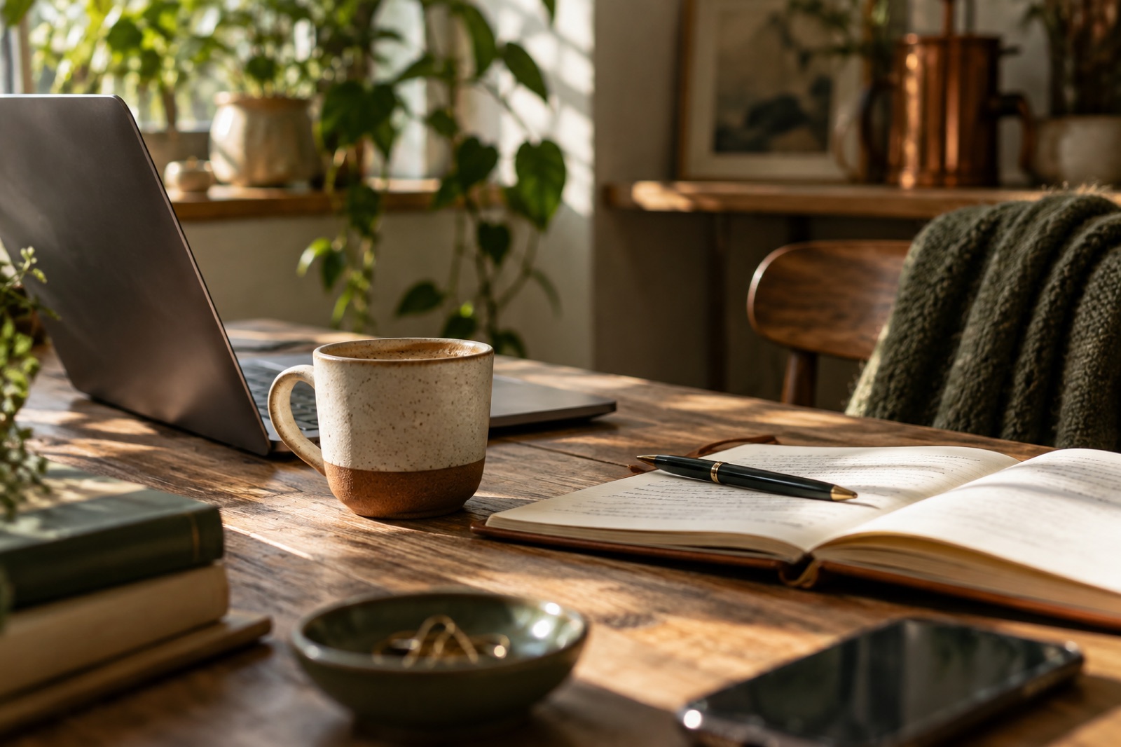 A founder's desk: laptop, notebook and coffee in morning light