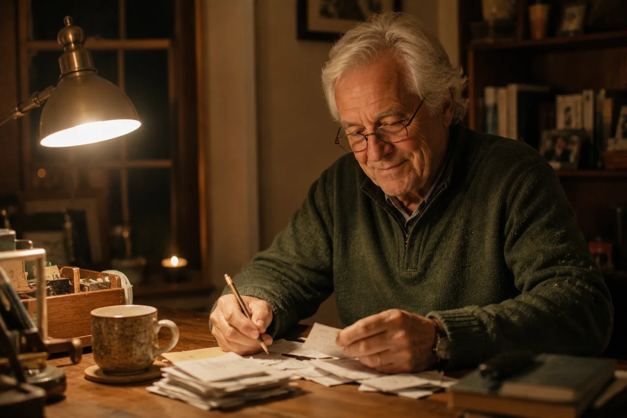 A founder with white hair and reading glasses at an evening desk, pencil in hand, working through a small stack of receipts with a faint smile