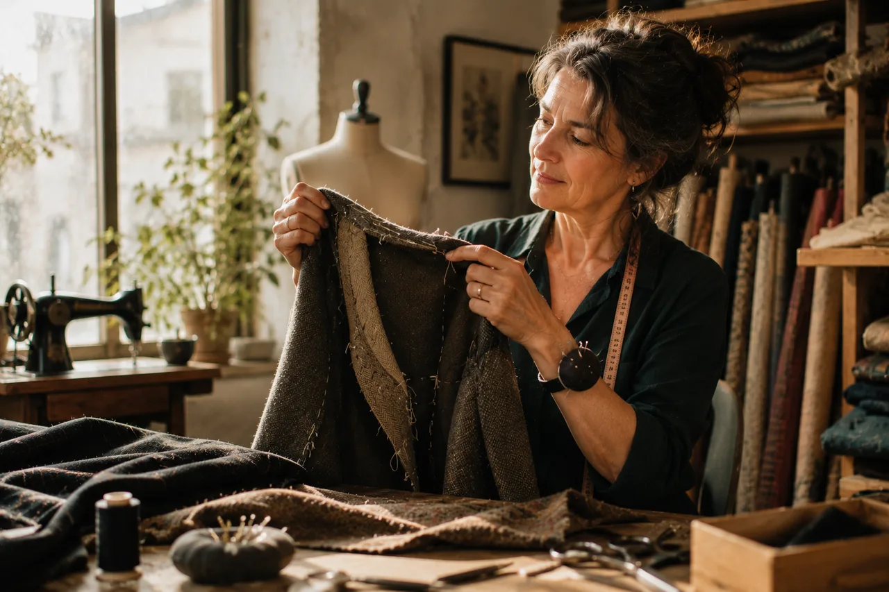 A tailor holding a half-finished jacket up to bright window light, examining the seam closely