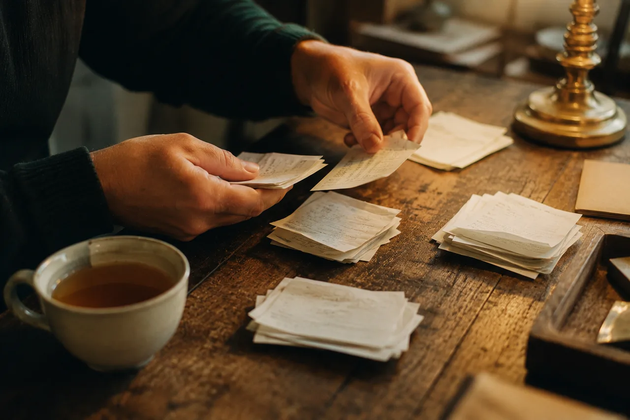 Hands sorting paper receipts into neat piles on a worn wooden table beside a cup of tea