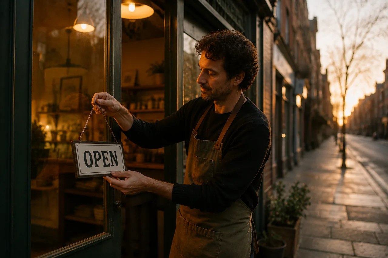 A small shop owner turning the sign to open at dawn, street still quiet