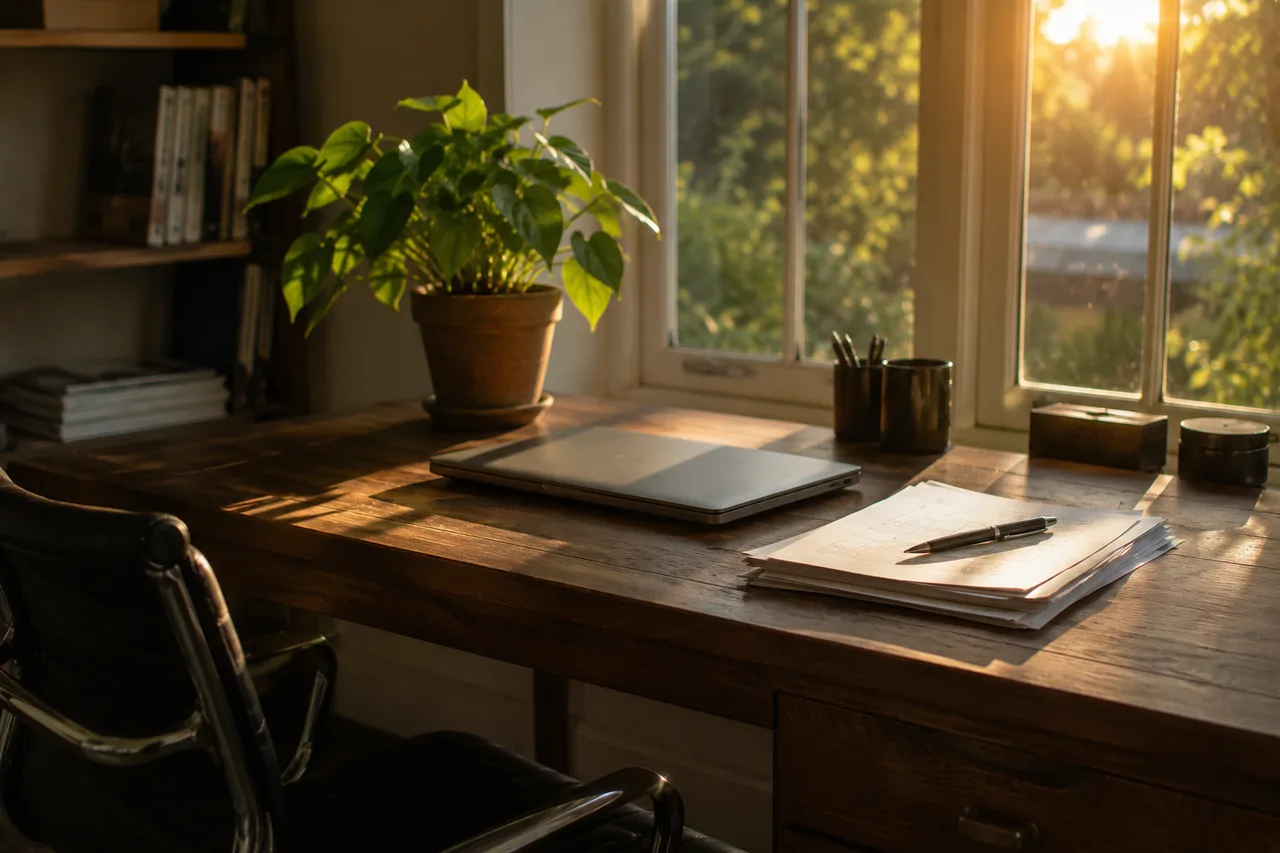 A sunlit home-office desk at golden hour, laptop closed, papers neatly stacked, the day done