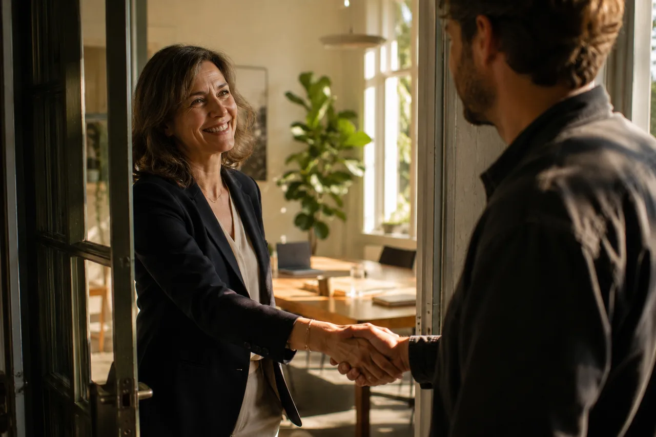 A consultant welcoming a client with a handshake at a sunlit meeting room doorway, both pleased