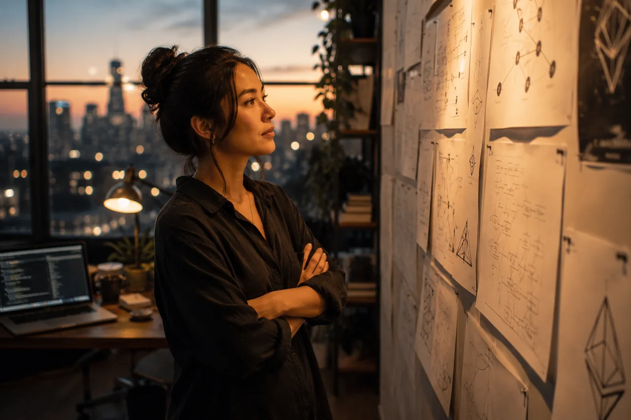 A founder, calm and confident at dusk, studying a wall of pinned protocol diagrams, city lights behind her