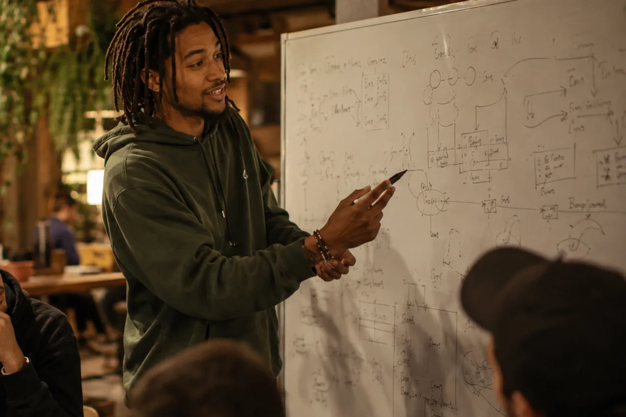 A young founder explaining a protocol at a whiteboard to a small engaged group, evening light