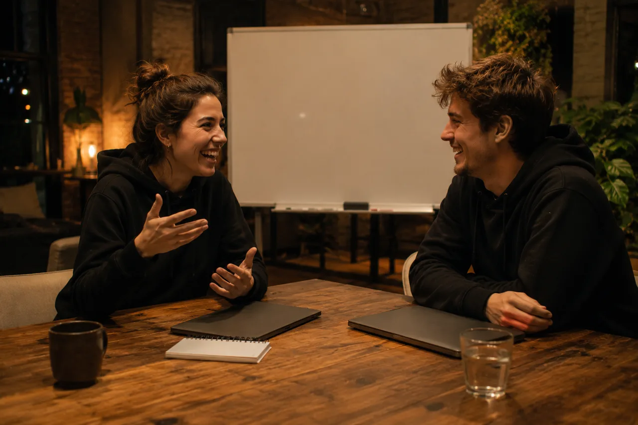 Two young founders laughing across a wooden table at night, laptops closed, a blank whiteboard behind