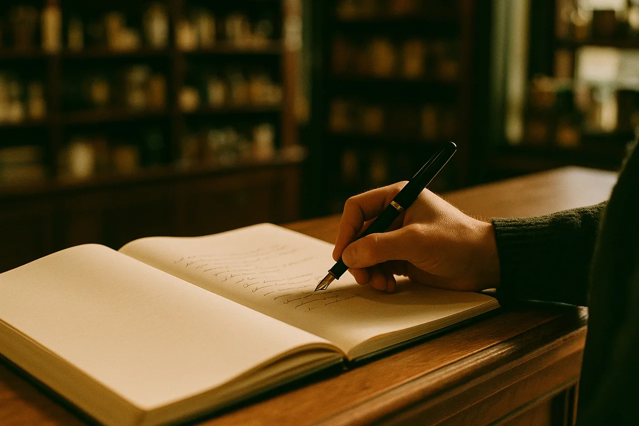 A hand writing a name with a fountain pen in an open guest book on a wooden counter