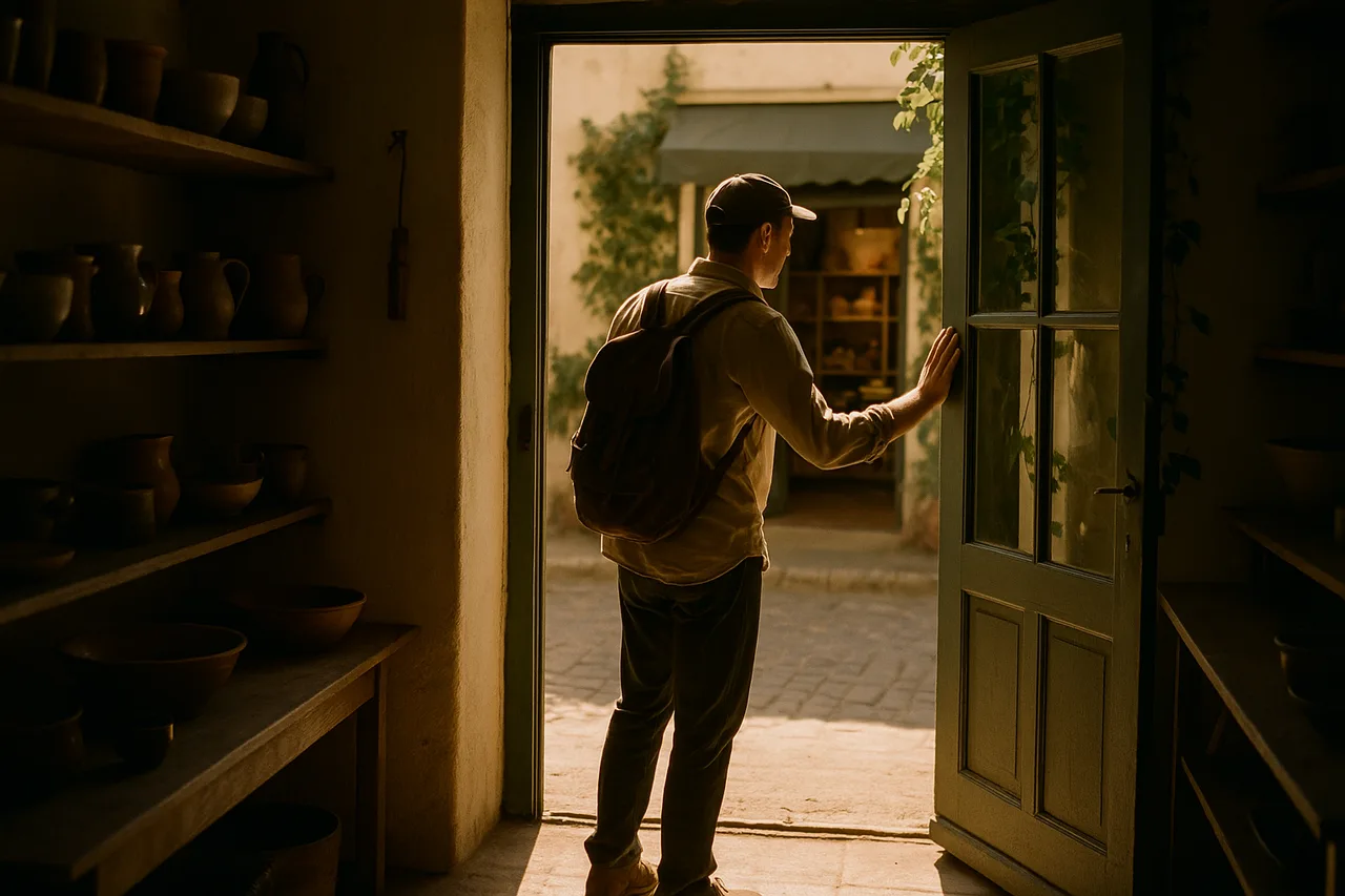 A visitor pausing at the threshold of a small shop, hand on the open door, morning light