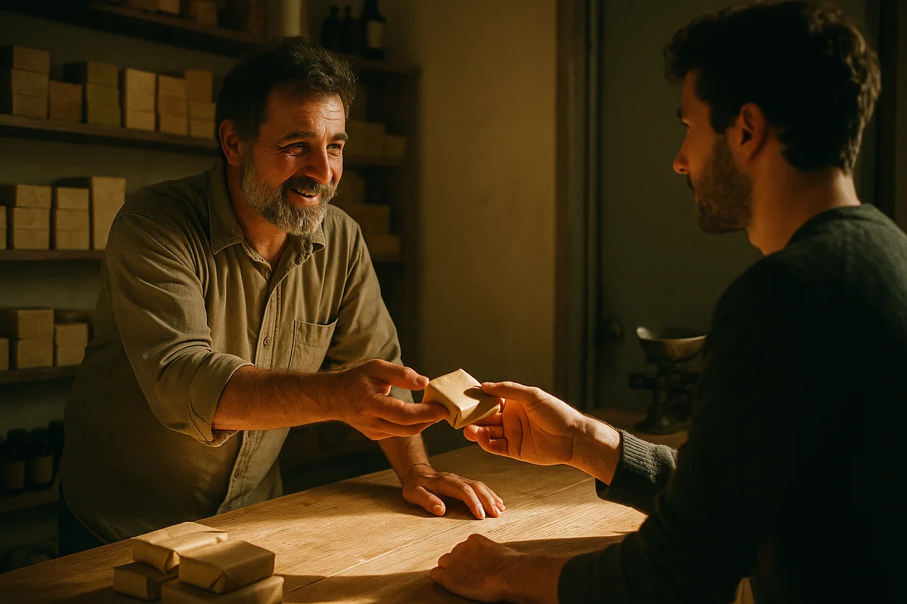 A shopkeeper handing a small wrapped sample across the counter to a curious visitor