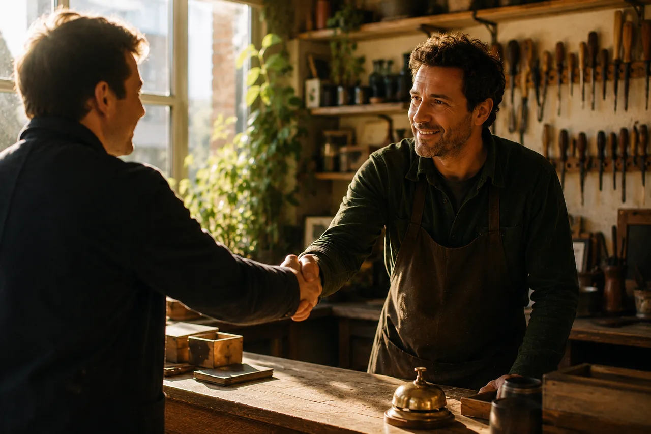 A warm handshake across the wooden shop counter between founder and customer, both smiling