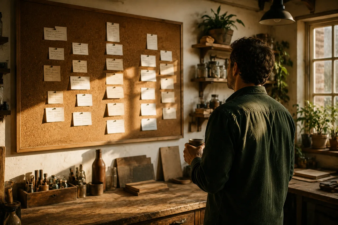 A founder with coffee studying a workshop corkboard of pinned cards in loose columns, morning light
