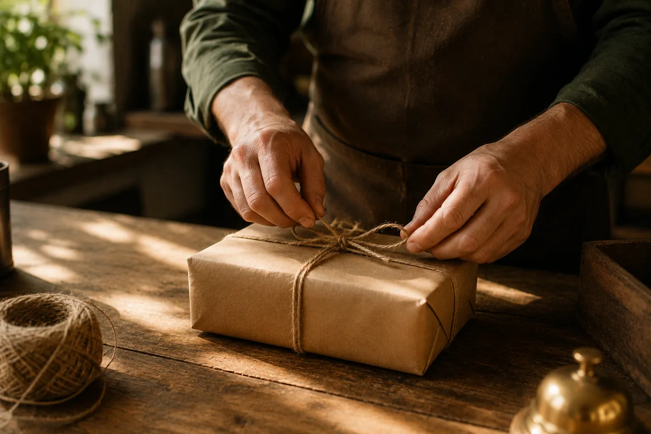 Hands tying twine with care around a brown-paper parcel on a wooden counter