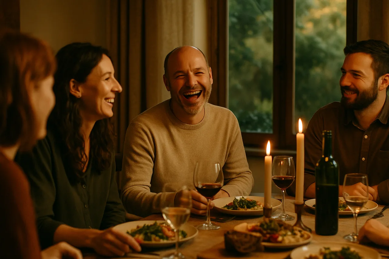A founder at dinner with family, laughing, phone nowhere in sight, warm evening