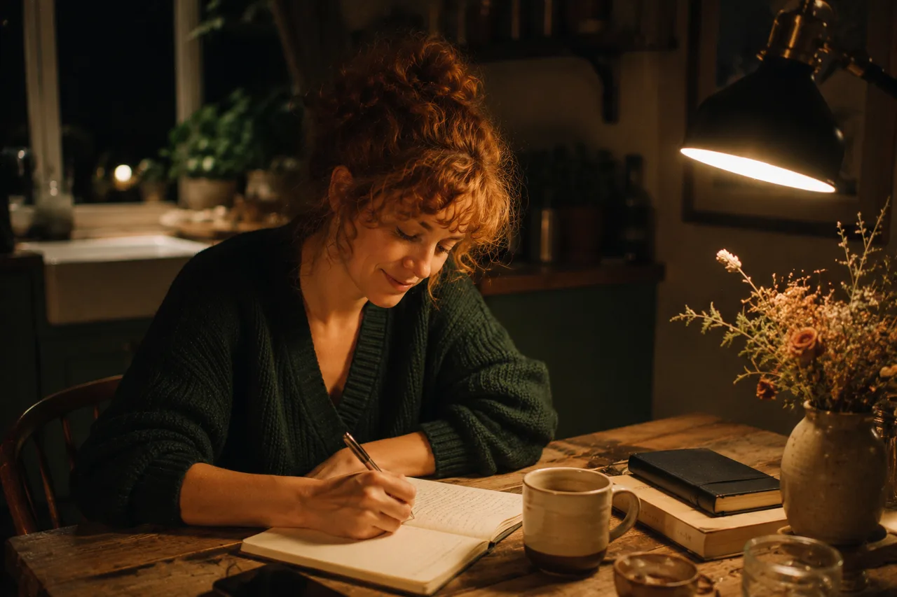 A founder writing in a journal at a kitchen table late at night, single warm lamp