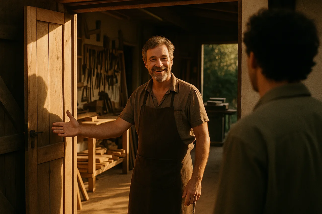 A founder warmly welcoming someone through the workshop door, morning light