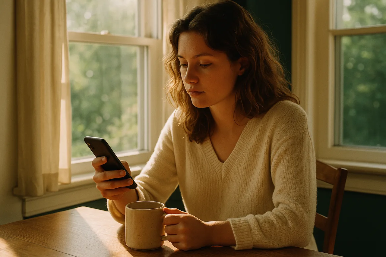 A woman reading an email on her phone over morning coffee by a window, unhurried