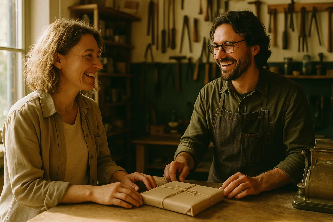 Two people at a workshop counter completing a purchase, both smiling, warm light