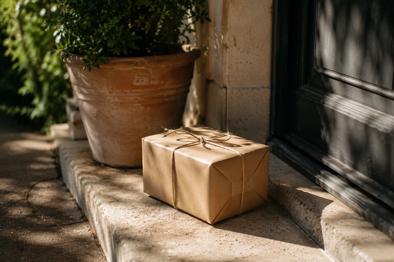 A neat brown parcel tied with twine on a sunlit stone doorstep beside a potted plant