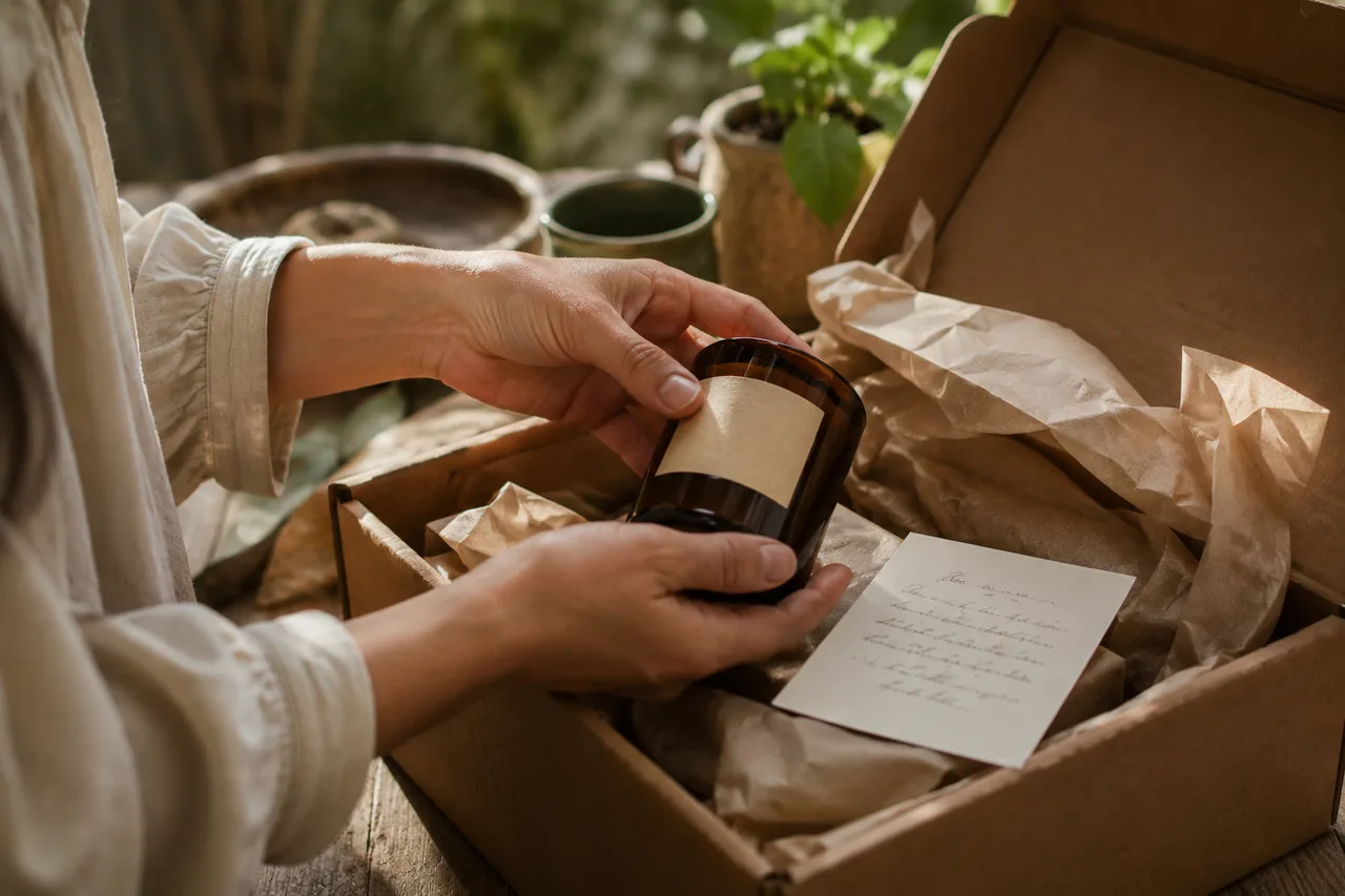 Hands lifting a candle from tissue paper in an opened parcel, a small card resting in the box