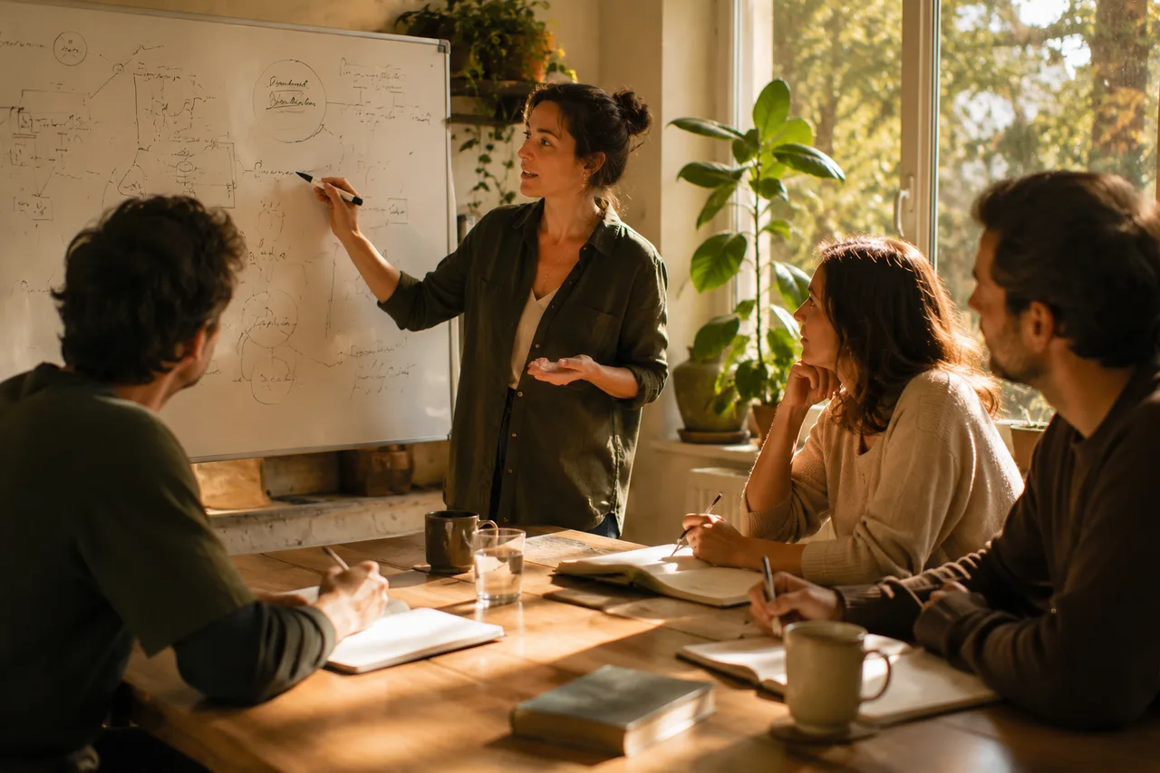 A tutor mid-explanation at a whiteboard before three engaged adult students at a sunlit table
