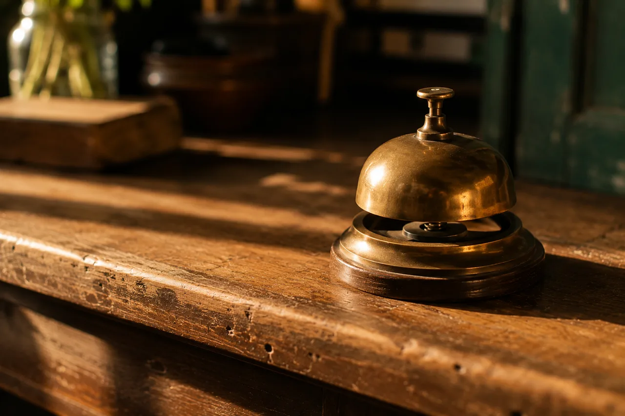 A polished brass service bell on a worn wooden shop counter in warm side light