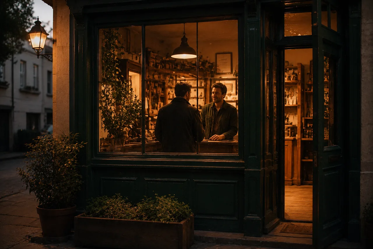 A small shopfront at dusk, the founder in relaxed conversation with one last customer inside