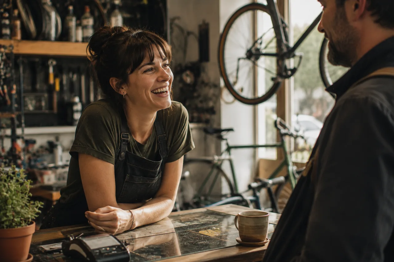 A bike-shop owner laughing in easy conversation with a customer across her counter, wheels hanging behind, morning light