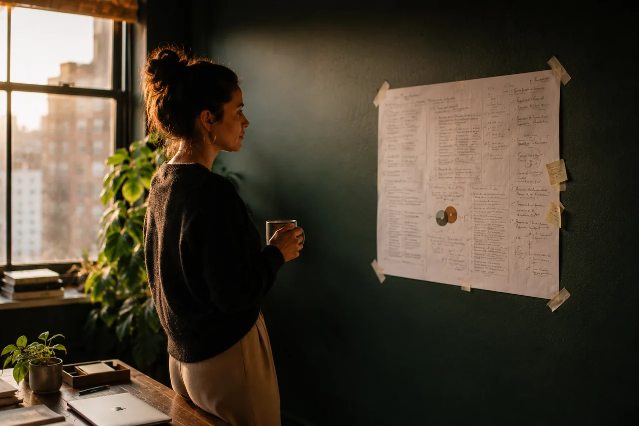 A founder stepping back from a wall of worked-out figures, calm, coffee in hand