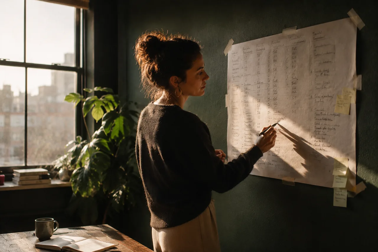 A founder working through numbers on a large sheet of paper taped to a wall, morning light