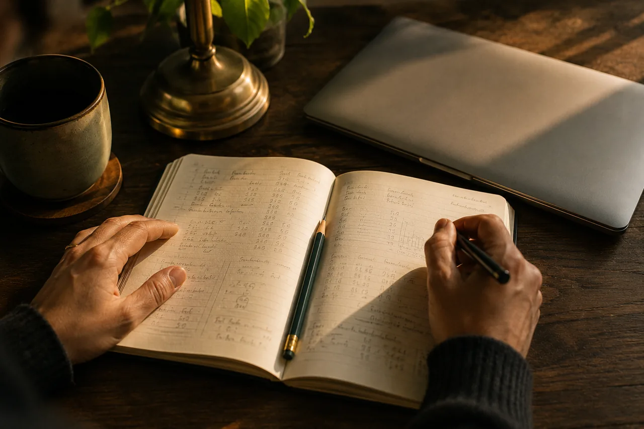 Hands over an open notebook of worked figures beside a laptop, warm desk light