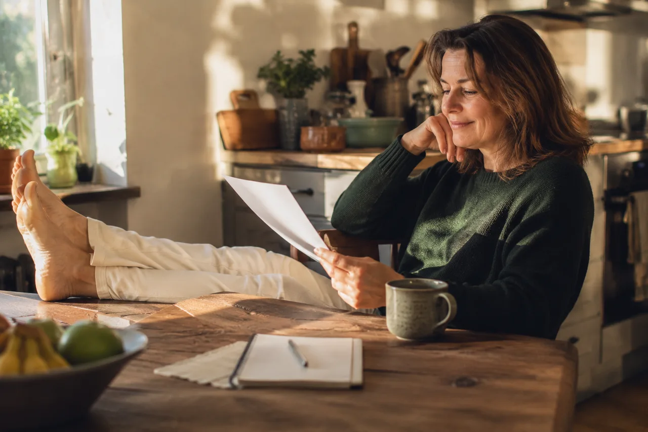 A founder reading a single sheet of paper over coffee at a kitchen table on a bright Monday morning