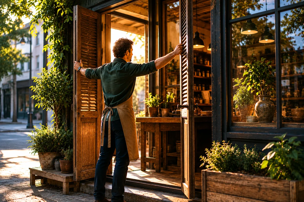 A founder opening the wooden shutters of a small shop on a bright early morning