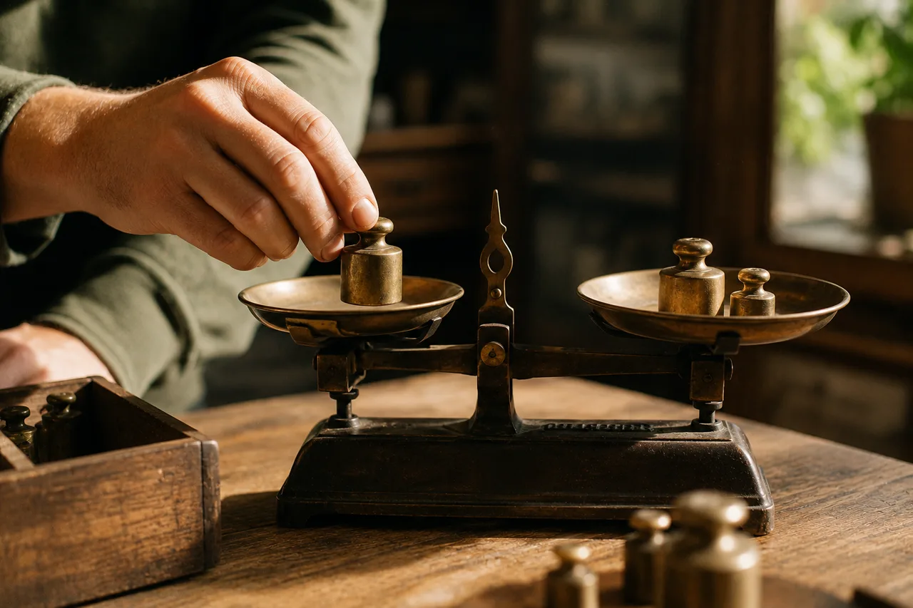 A hand placing a small brass weight on one side of an old balance scale