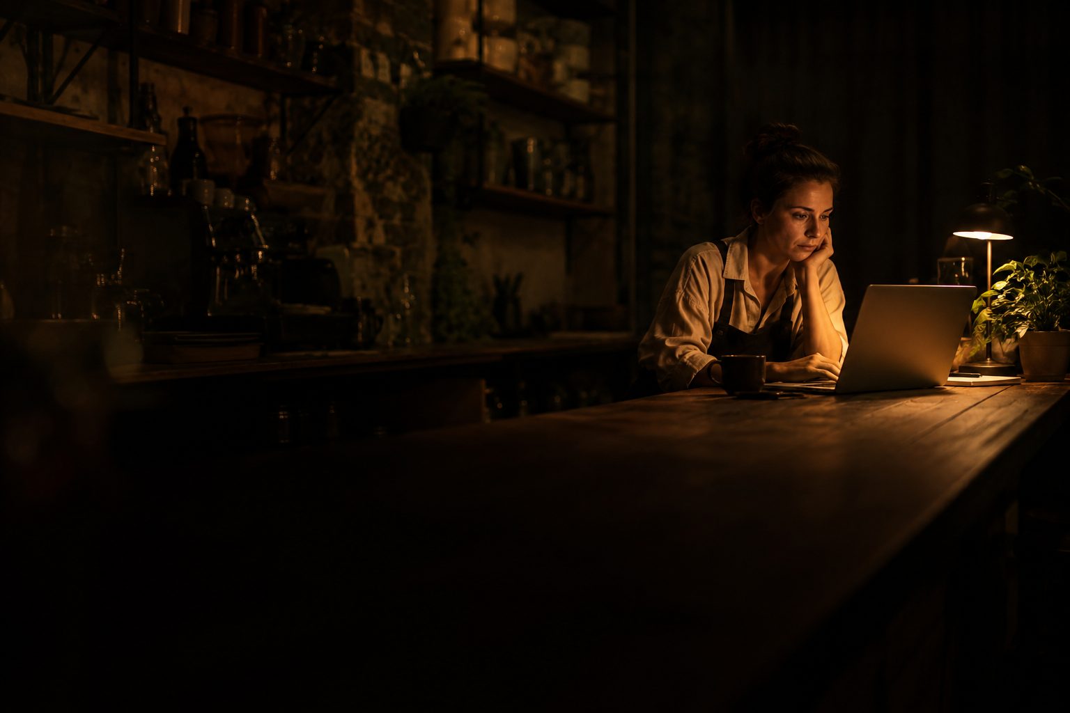 A café owner alone at night, working at a laptop by lamplight after closing