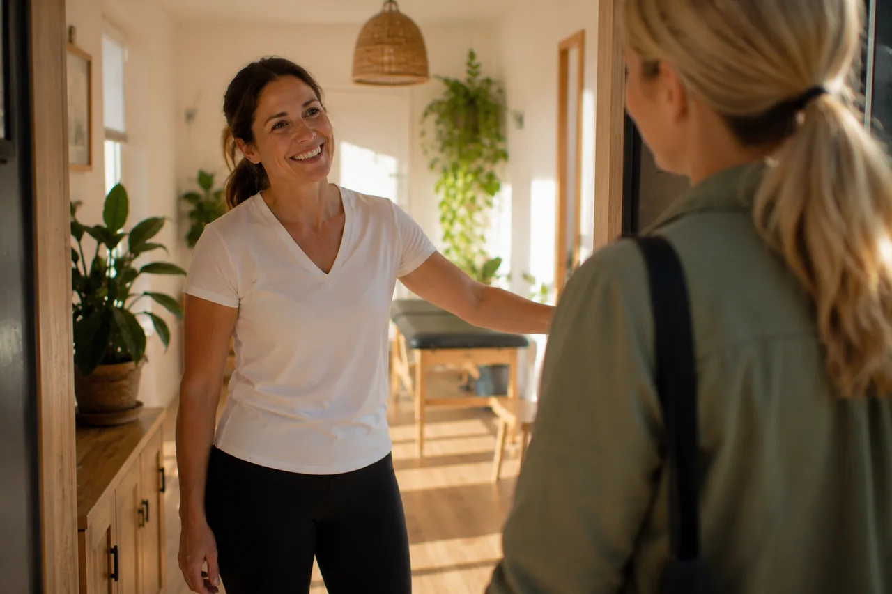 A physiotherapist warmly welcoming a patient at the door of a small bright practice
