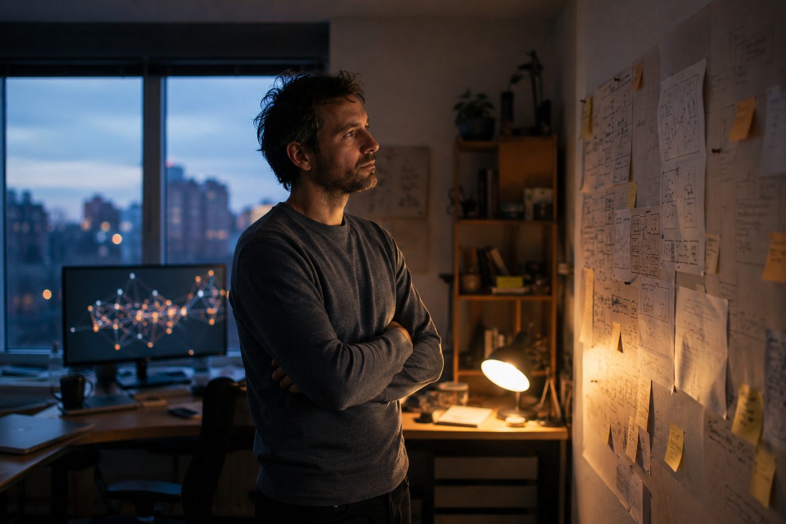 A protocol founder at a wall of architecture diagrams