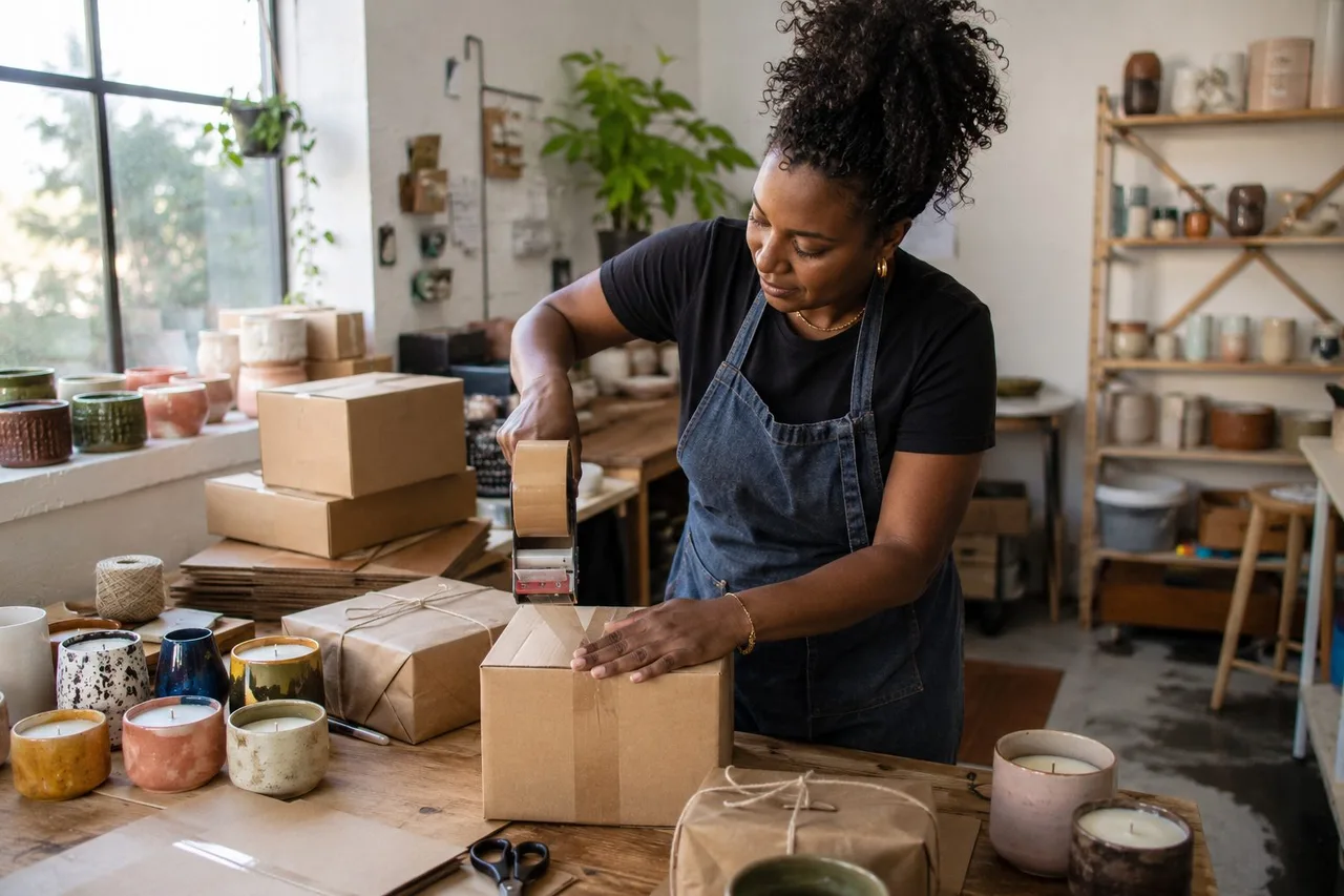 A candlemaker taping a shipping box at her sunlit packing table, parcels and candles around her