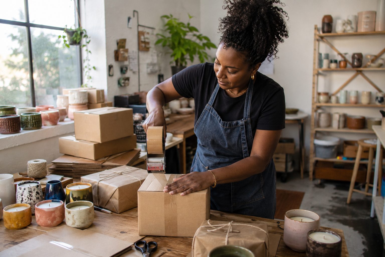 A maker packing online orders in a workshop