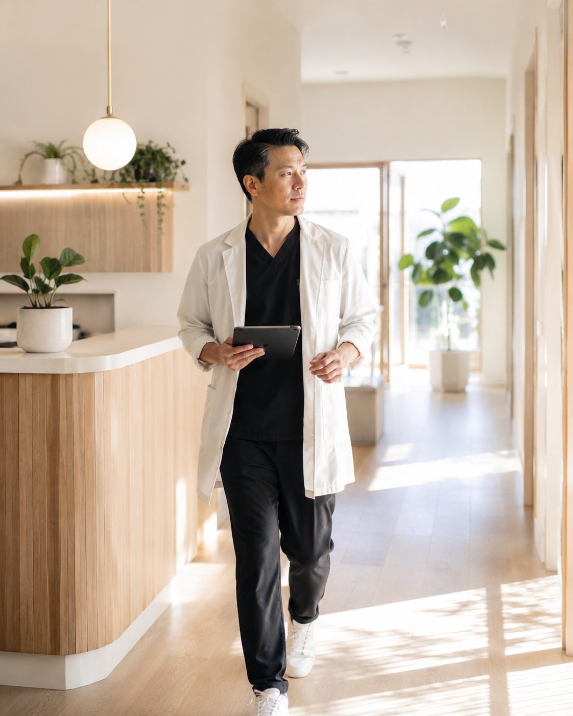 A clinic owner in a sunlit private practice