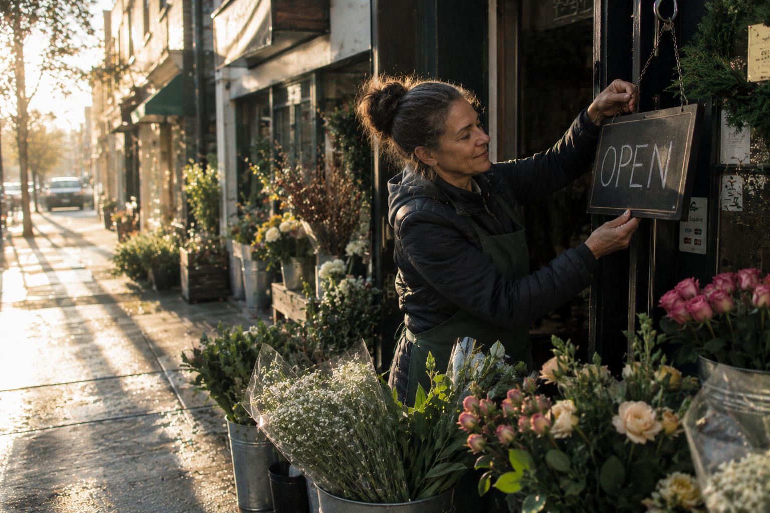 A shopkeeper opening up in the morning light