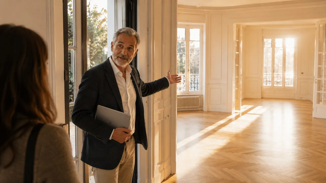 An agent welcoming a client into a bright empty apartment, evening light across the parquet