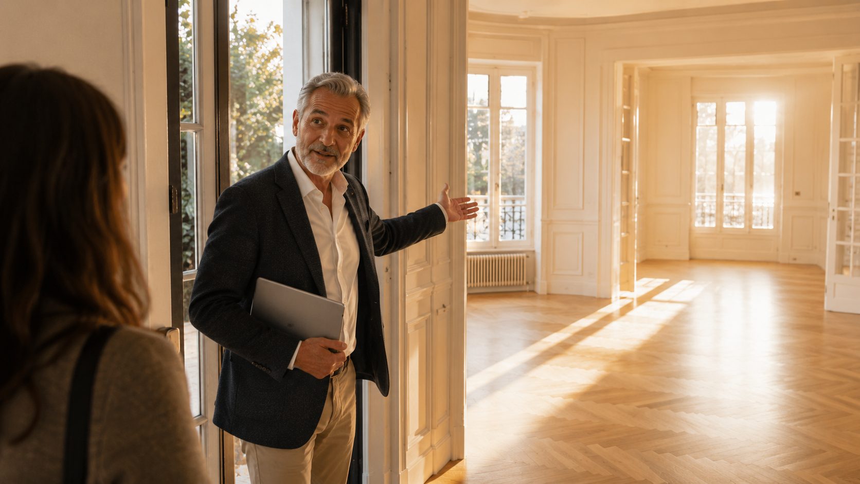A realtor walking a listed home at golden hour