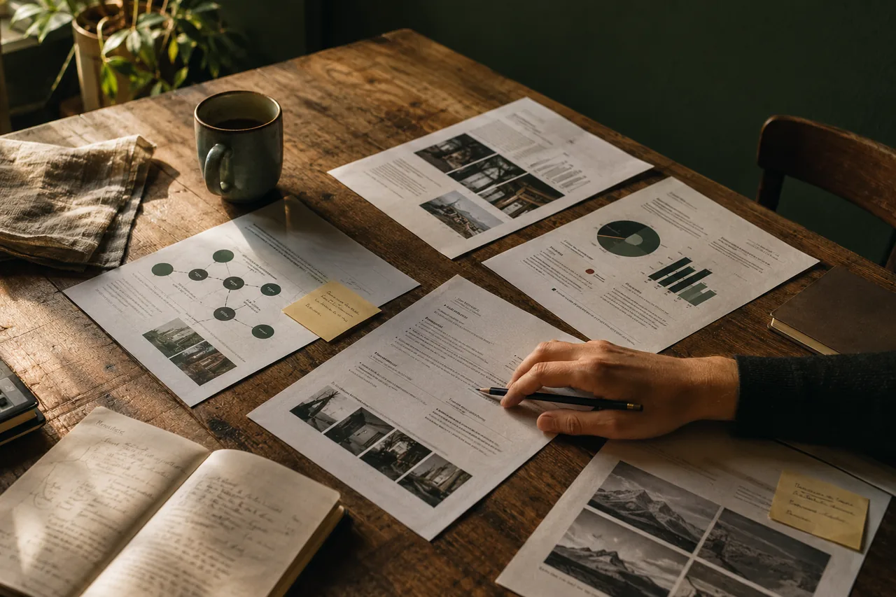 A founder reading a printed, annotated strategy at a workshop table, calm and focused