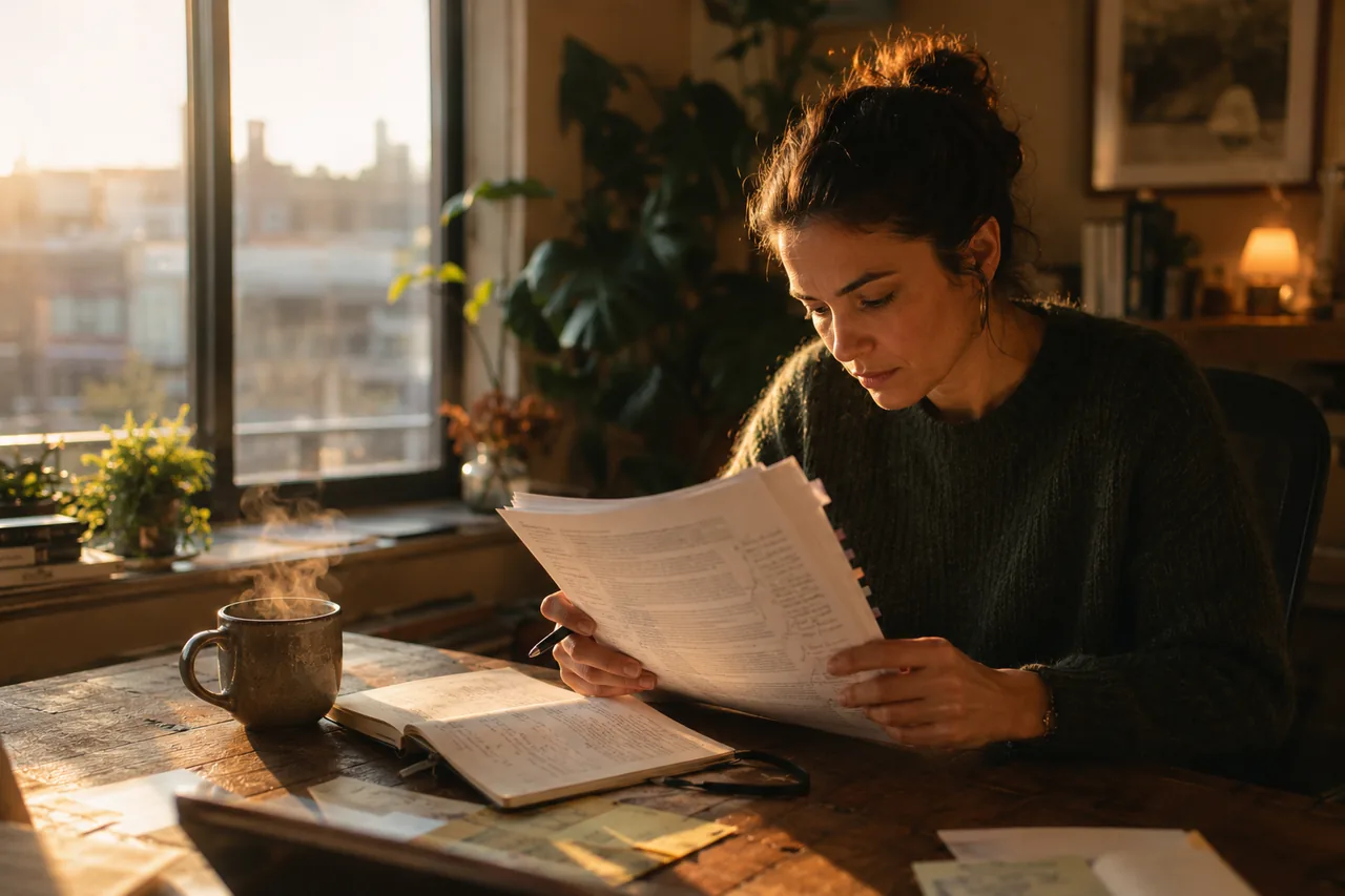 A founder reading a marked-up strategy document by a window in the early morning