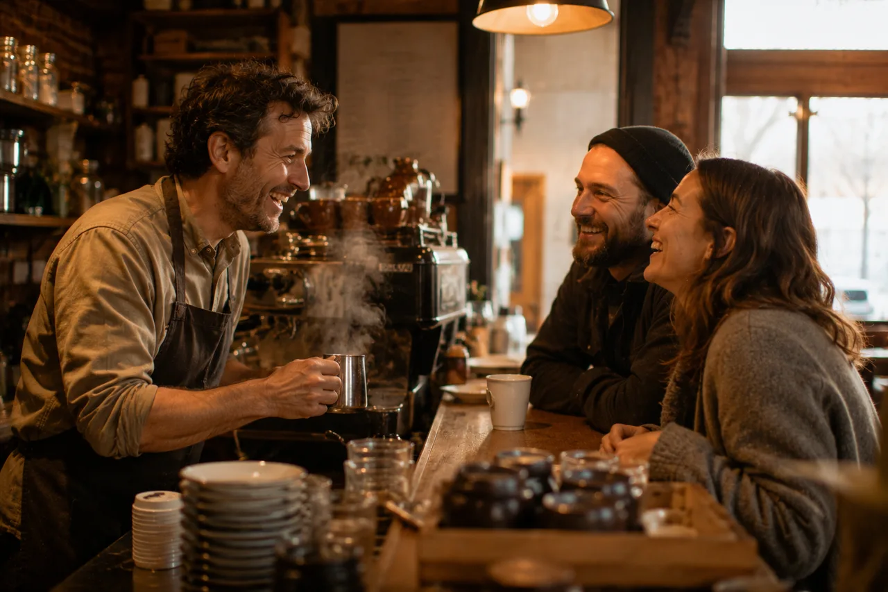 A café owner laughing with two regulars across the counter, steam rising from the milk jug