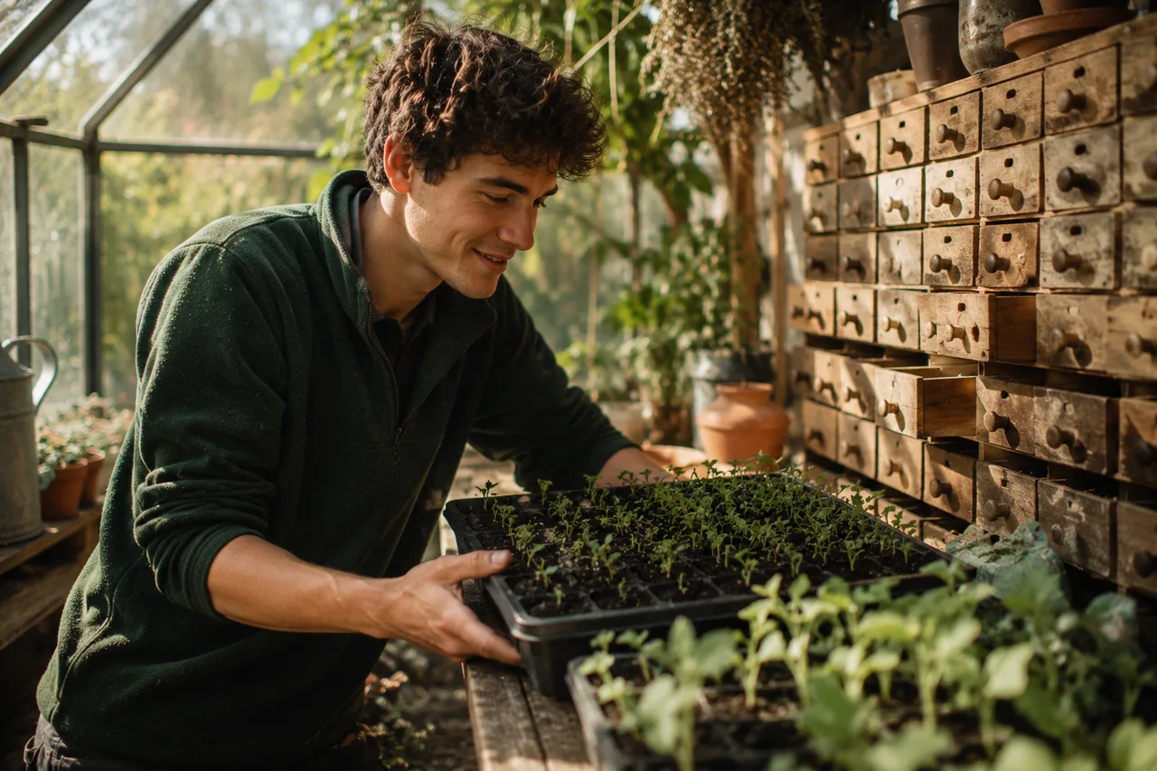 A young gardener checking seedlings in a small greenhouse beside a wall of labeled seed drawers