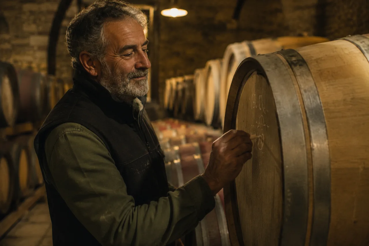 A cellar master chalk-marking a wine barrel in a small warm cellar, unhurried and content