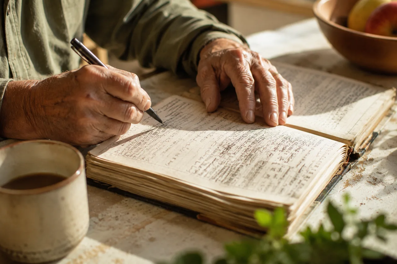 Weathered hands adding an entry to a thick, well-used working logbook in a bright kitchen