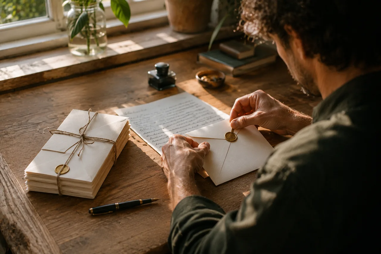 A founder at a sunlit desk sealing a handwritten letter, a stack of addressed envelopes tied with twine beside them
