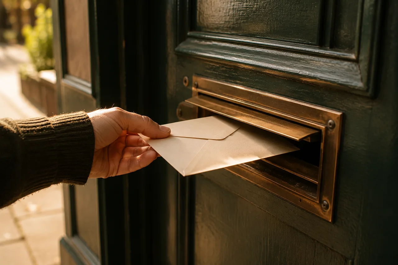 A cream envelope being slipped through the brass letter slot of a green wooden door